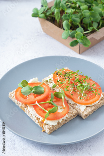 Sandwich with cheese, tomato and sunflower and alfalfa microgreens