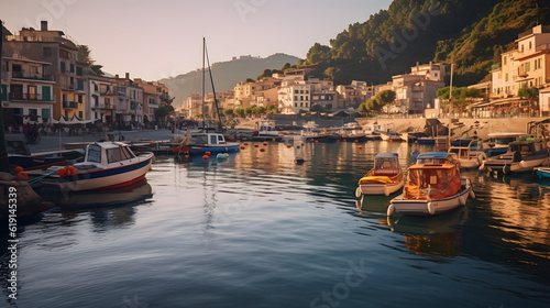 A tranquil scene of boats sailing peacefully on the water. The sun glistens off the ripples, creating a beautiful atmosphere.