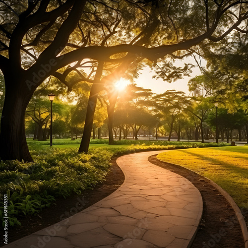 A peaceful pathway lined with lush trees and grass awaits. Take a stroll through the park and enjoy the tranquility of nature.