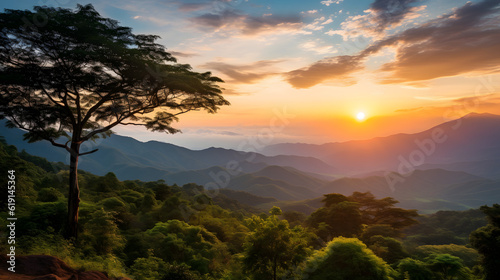 A breathtaking sunset over a majestic mountain range  its silhouette silhouetted against the sky as the sun sets for the night. An awe-inspiring sight to behold.