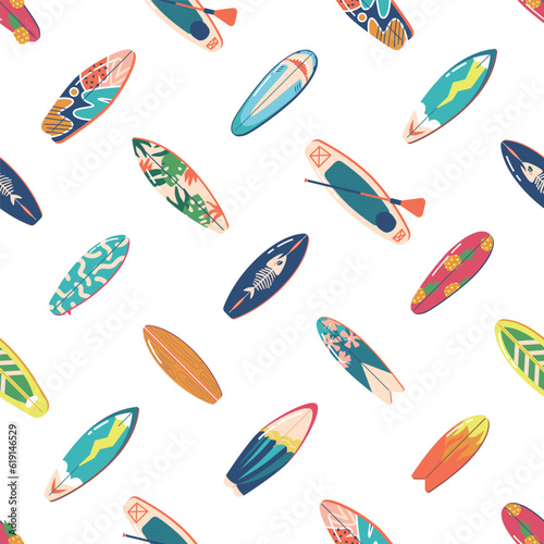 Vibrant Seamless Pattern Featuring Assortment Of Colorful Surfboards And Sup Boards. Tile Background With Beachy Vibes