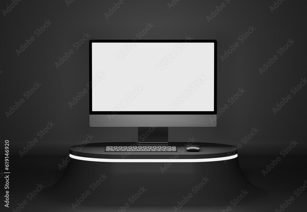 Workspace Computer Blank Screen on concrete, Mockup template. Workspace Computer Blank Screen on concrete, Mockup template.