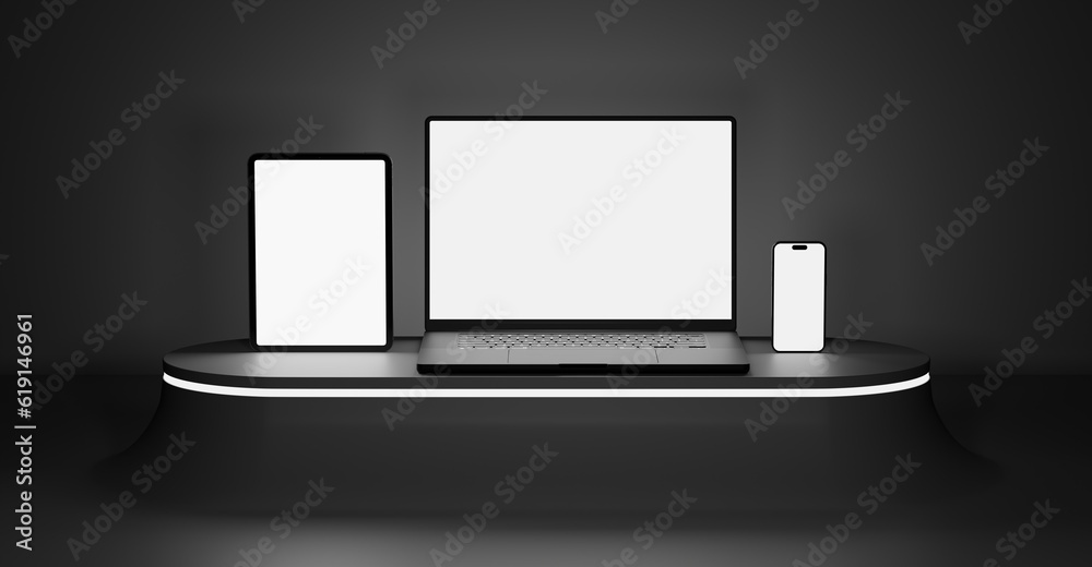Fototapeta premium Responsive Web Design and website Mockup, Devices Collection Mockups, Smartphone desktop tablet laptop Mockup template. 3D Rendering.