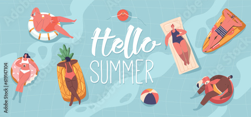 Diverse People Men Women Having Fun, Relaxing on Summer Vacation Resort. Male and Female Characters Swimming