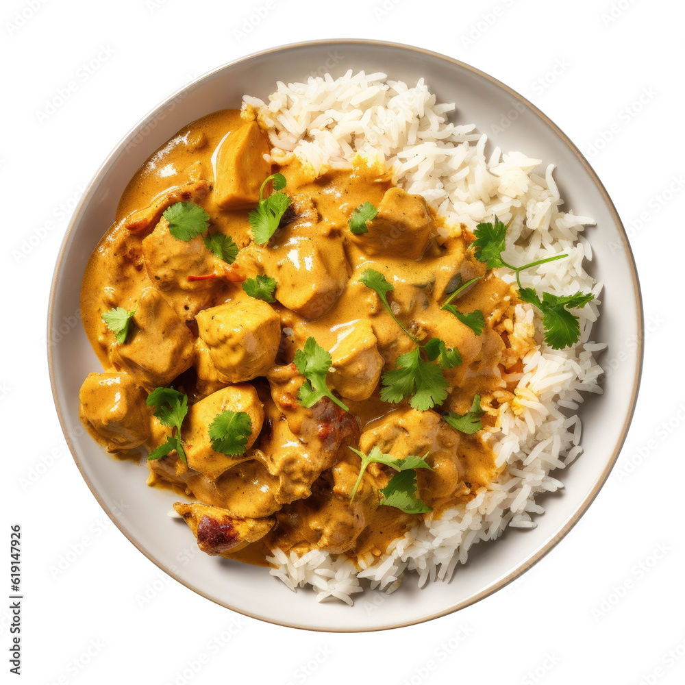 Delicious Plate of Indian Chicken Korma Curry and Rice Isolated on a Transparent Background