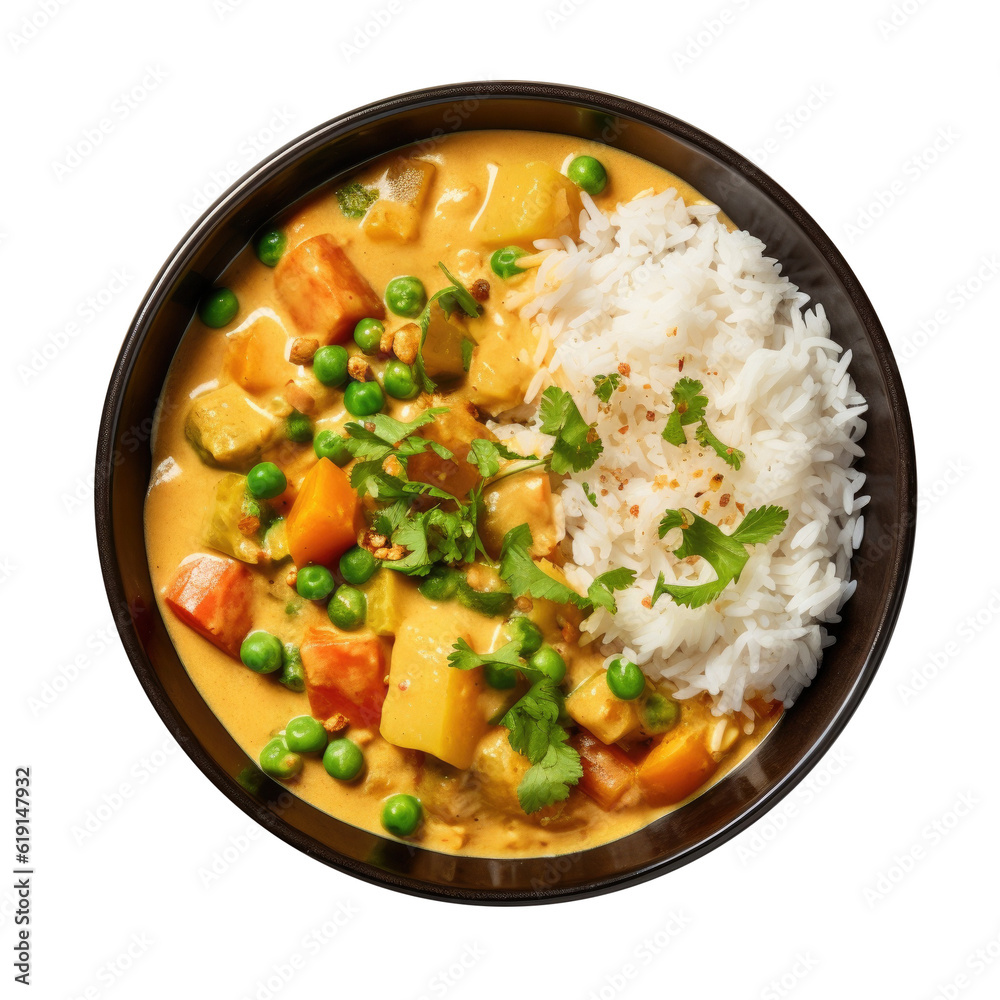 Delicious Plate of Indian Vegetable Korma Curry and Rice Isolated on a Transparent Background Delicious Plate of Indian Vegetable Korma Curry and Rice Isolated on a Transparent Background