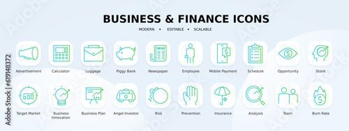 Business and Finance icons collection with green and blue gradient outline style. money, banking, payment, management, investment, marketing, savings, growth. Vector illustration