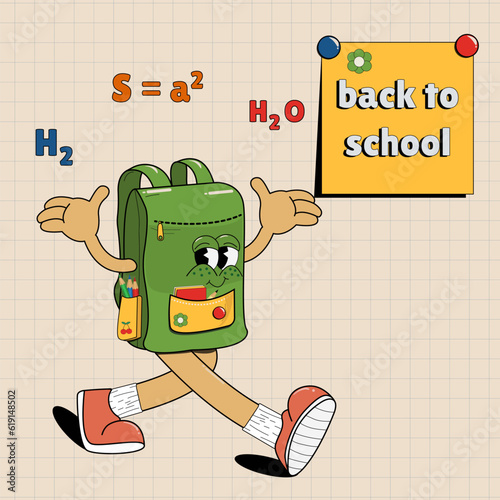 Back to school. Flat vector illustration with a school bag, pencils, formulas on a notebook sheet in retro style. Cute cartoon character school backpack.