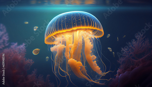 Beautiful underwater illustration with golden jelly fish Ai generated image