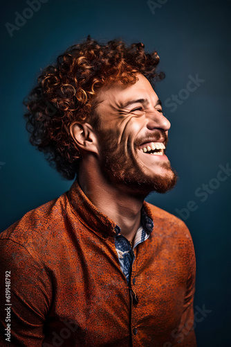 Cheerful studio Portrait of a smiling European man with curly red hair, close-up, soft light, ai generated art