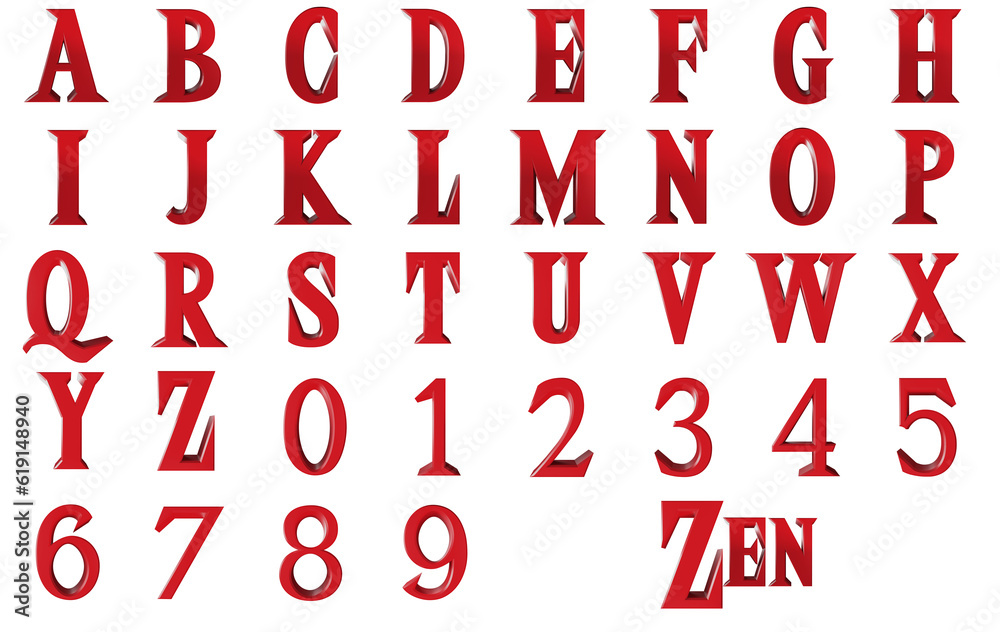 Zen Red 3D alphabet rendered illustration on transparent background