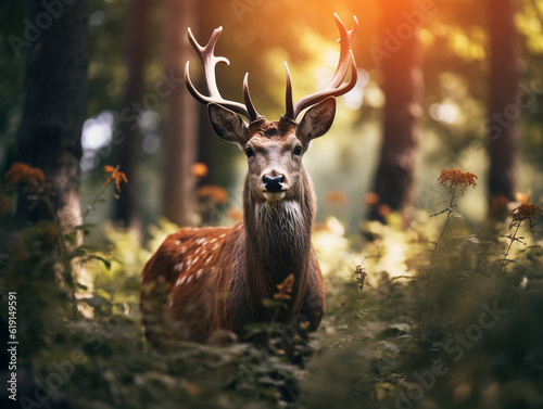 Fototapete Image of an adult wild deer in nature