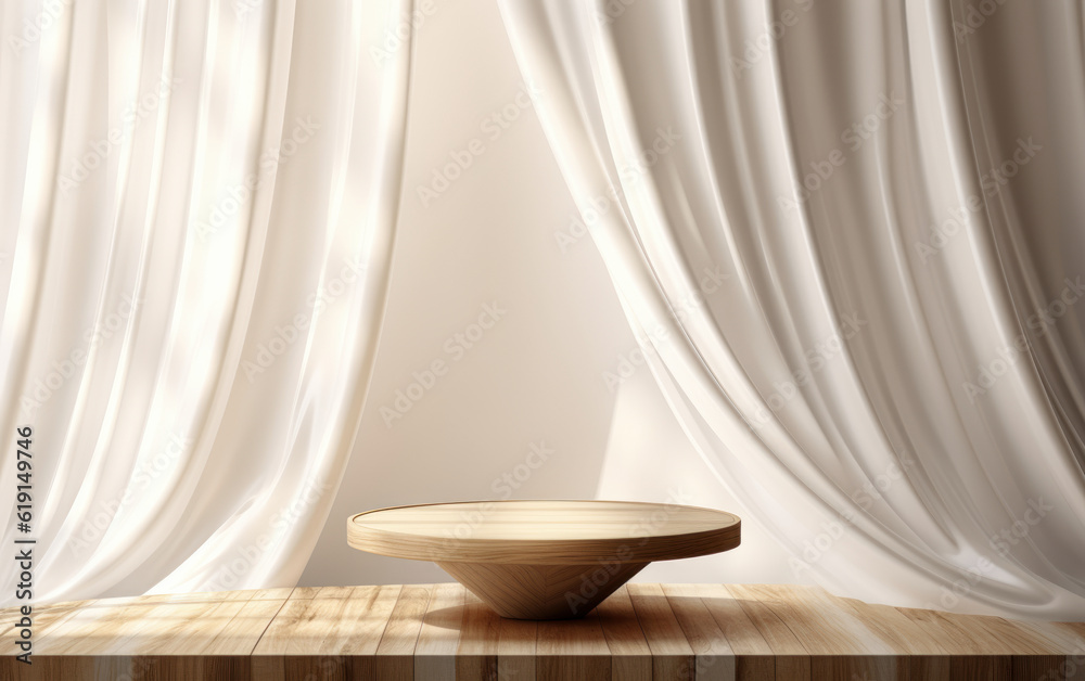 For a luxury skincare, cosmetic, beauty treatment, and fashion product display background, a modern round wooden platform side table is bare and covered in soft white blowing drapery curtains. For a luxury skincare, cosmetic, beauty treatment, and fashion product display background, a modern round wooden platform side table is bare and covered in soft white blowing drapery curtains.