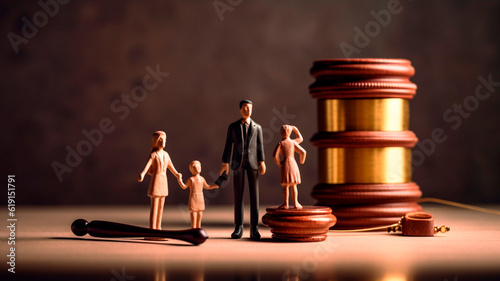 Family figurines and court hammer. Family law and adoption concept. Generative AI