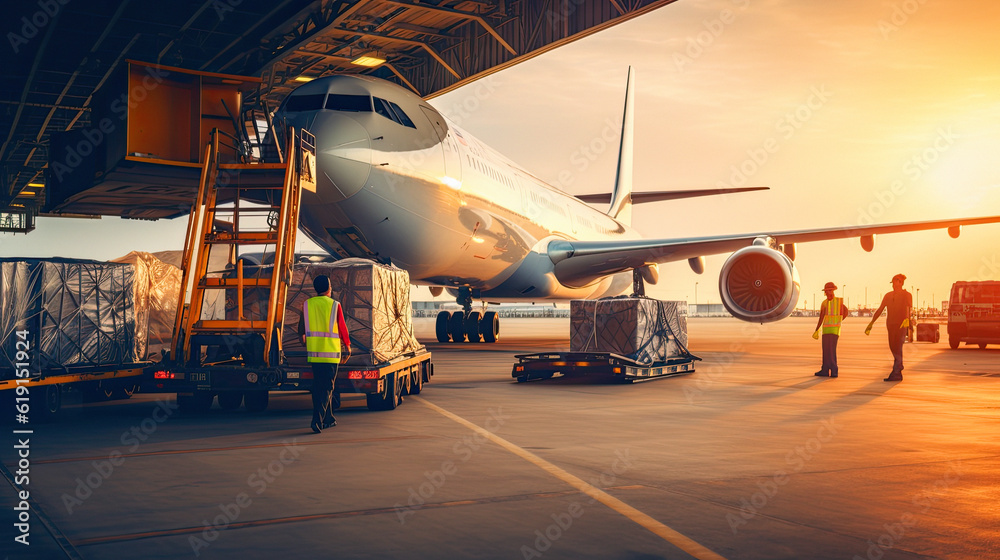 Fototapeta premium Loading of goods on board a cargo plane, airport , Business logistic. ai generative