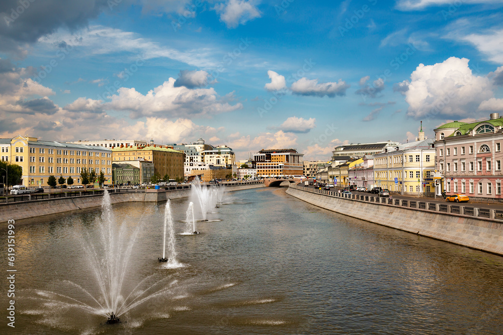 Fountains on the Drainage canal in Moscow on a sunny summer day. Russia Fountains on the Drainage canal in Moscow on a sunny summer day. Russia