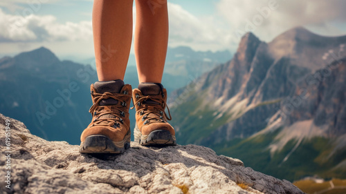 Female hiker legs with modern trekking and climbing boots on a rock in mountains. Generative AI