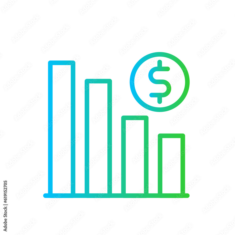 Economic Crisis Business and Finance icon with green and blue gradient outline style. finance, decrease, recession, arrow, dollar, chart, graph. Vector illustration