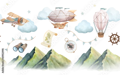 Naklejka na ścianę Seamless banner with watercolor illustration of picturesque green mountains and vintage plane, hot air balloon and airship with clouds isolated