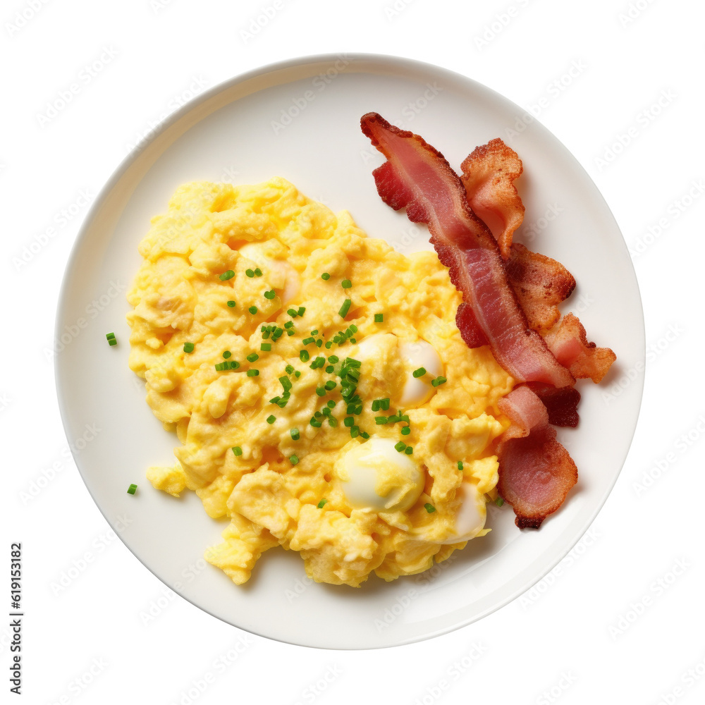 Delicious Plate of Scrambled Eggs and Bacon Isolated on a Transparent  Background Stock Illustration