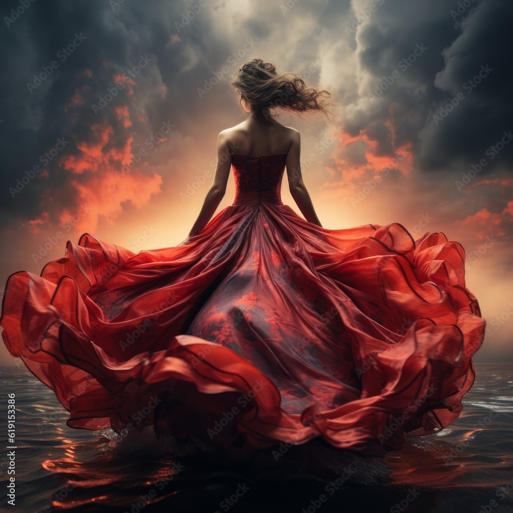 Fototapeta premium woman in a red dress in a black and white landscape 