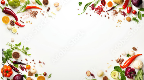 Frame made of different vegetables, herbs and spices, with copy space