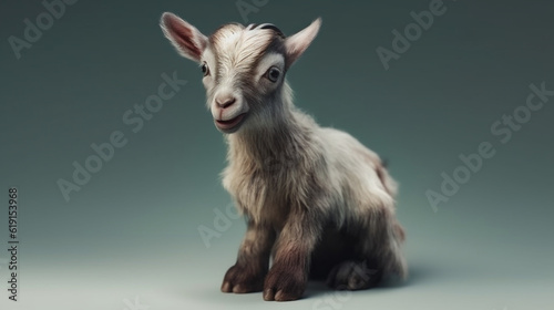 Portrait of an isolated baby goat kid (Capra aegagrus hircus) in a studio shot on a white background. Generative ai.