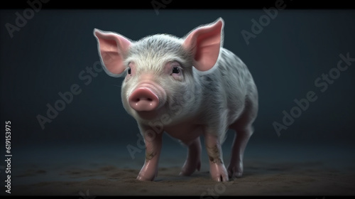 A young white pig (piglet) in a studio shot standing on a dark background. Generative ai.
