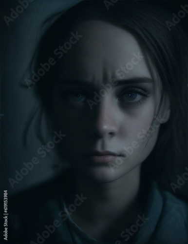 generative ai of portrait of a very depressed and sad woman from frontside looking empty to you, headshot portrait, with a dark background. Depression. © N. Rotteveel