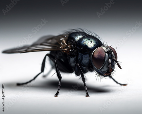 Macro detail of an isolated black fly (Simuliidae) on a white background. Generative ai.