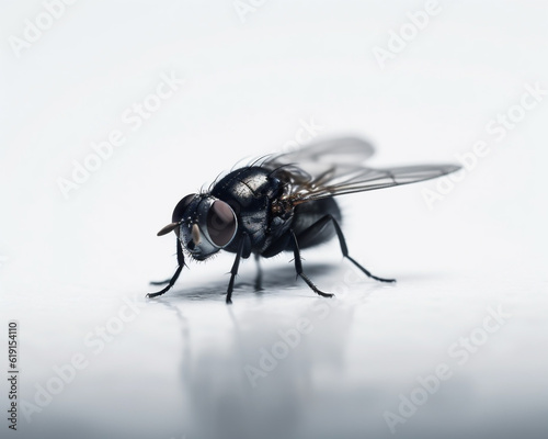 Macro detail of an isolated black fly (Simuliidae) on a white background. Generative ai. photo