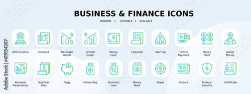 Business and Finance icons collection with green and blue gradient outline style. money, bank, payment, commerce, collection, management, credit. Vector illustration