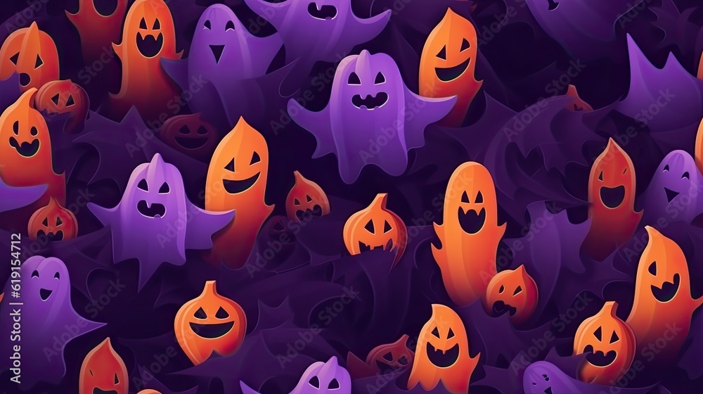 Pastel Ghosts silhouette on dark wallpaper, in the style of purple and amber, seamless Halloween background