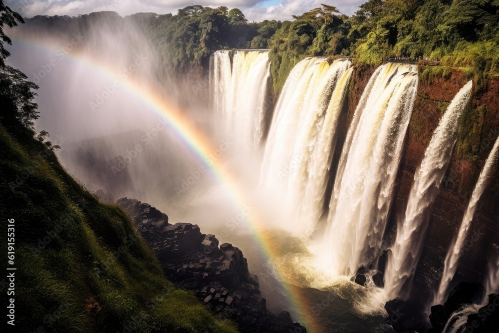 Fototapeta premium Majestic combination of a waterfall and a vibrant rainbow. Generative AI