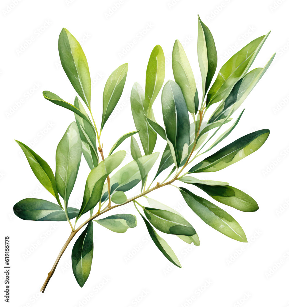 Olive branch with leaves. Watercolor illustration isolated.