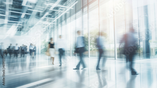 motion blur image of business people crowd walking at corporate office in city downtown, blurred background, business center concept, Generative AI