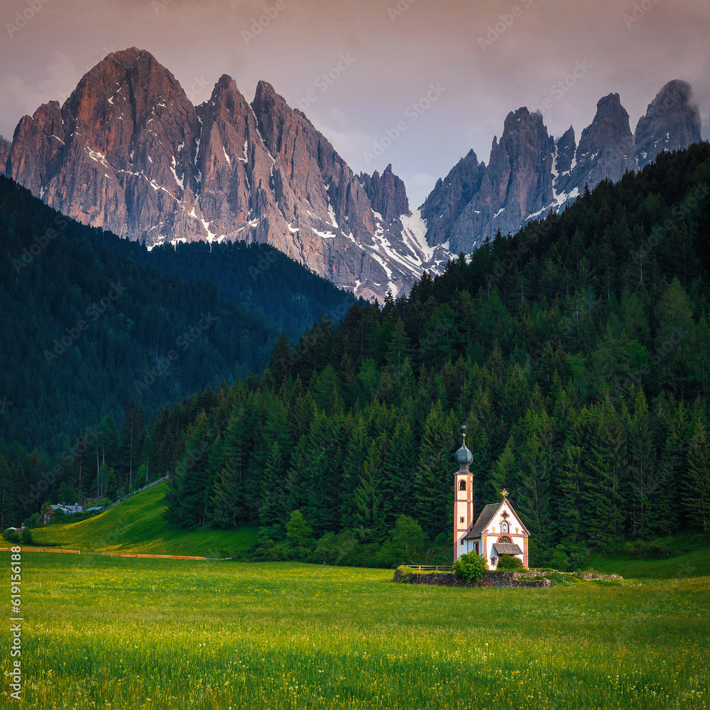 St Johann church on the green field, Dolomites, Italy
