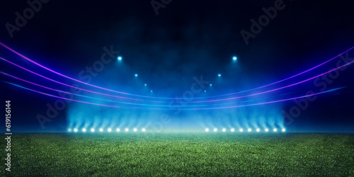 Abstract green football pitch stadium background illuminated by textured green pitch ground. Science, product and sports technology concept © Martin Piechotta