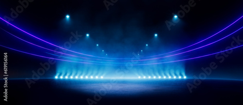 Abstract blue neon stadium background illuminated with lamps on ground. Science, product and sports technology background