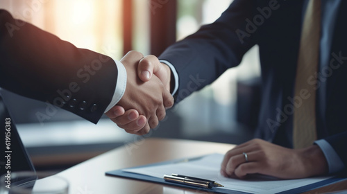 Partnership. two business people shaking hand after business signing contract in meeting room at company office, job interview, investor, partnership, teamwork, financial concept, Generative AI