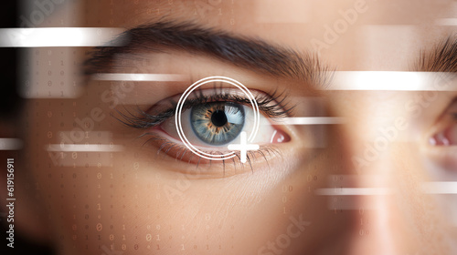 Contact lens health week concept: Close up of woman blue eye with contact lens symbol. Healthy contact lens hygiene practices