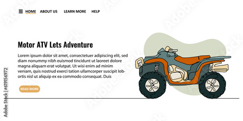 Continuous line art or One Line drawing of standing motor ATV Off-road for vector illustration landing page and banner, extreme sport