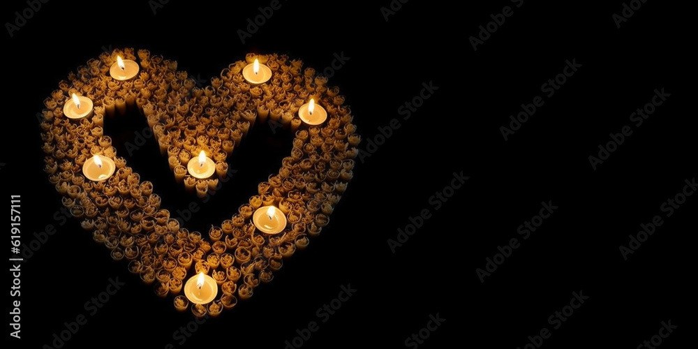 a lot of burning candles displayed in the form of a heart and on an isolated black background. Generative AI