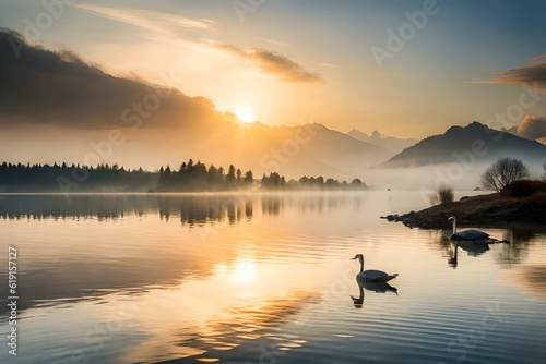 sunrise over the lake by AI generating
