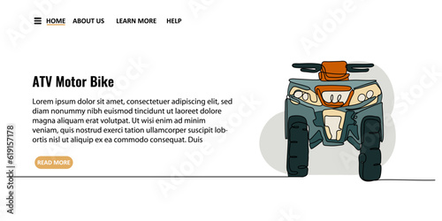 Continuous line art or One Line drawing of standing motor ATV Off-road for vector illustration landing page and banner, extreme sport 