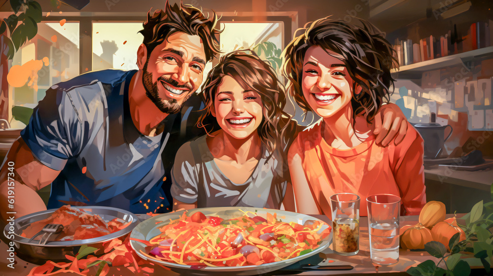 family laughing together in painting style