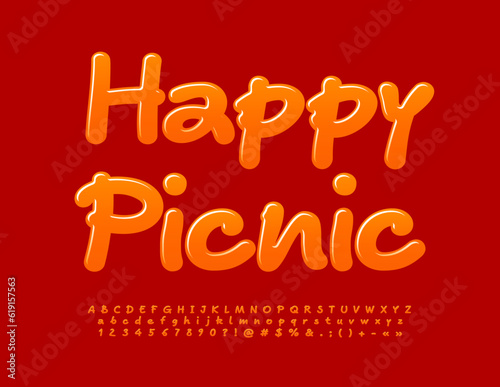 Vector glossy logotype Happy Picnic. Funny bright Font. Playful Alphabet Letters, Numbers and Symbols set
