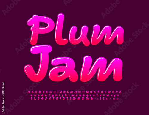 Vector sweet emblem Plum Jam. Handwritten bright Font. Pink gradient Alphabet Letters, Numbers and Symbols set