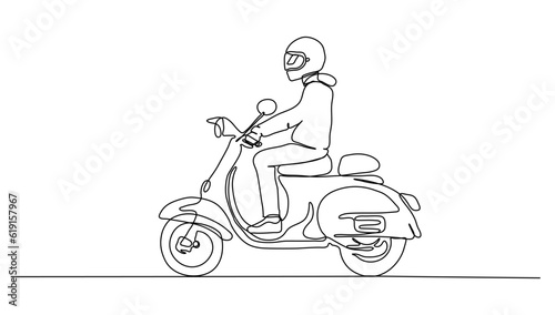 continuos lineart of man riding a bike Scooter using driving safety for minimalist illustration vector of vehicle
