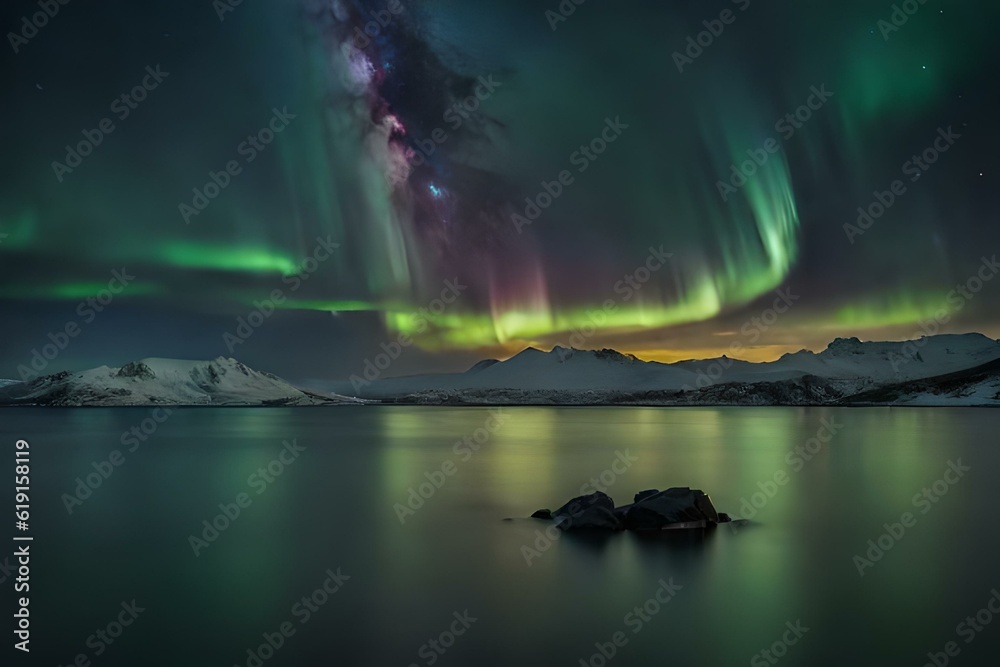 aurora over the lake by AI generating